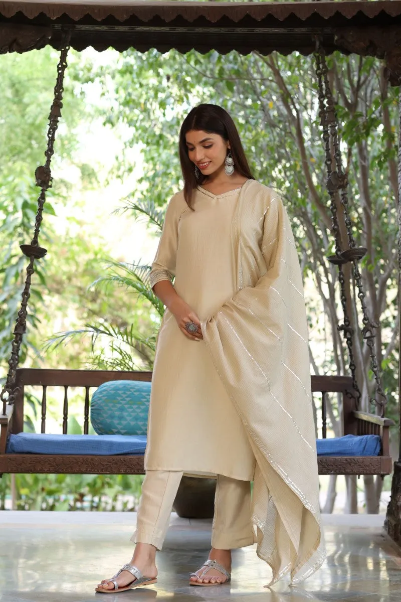 Cream Poly Silk Solid Straight Suit Set