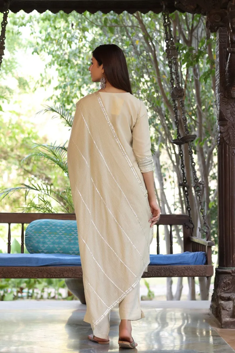 Cream Poly Silk Solid Straight Suit Set
