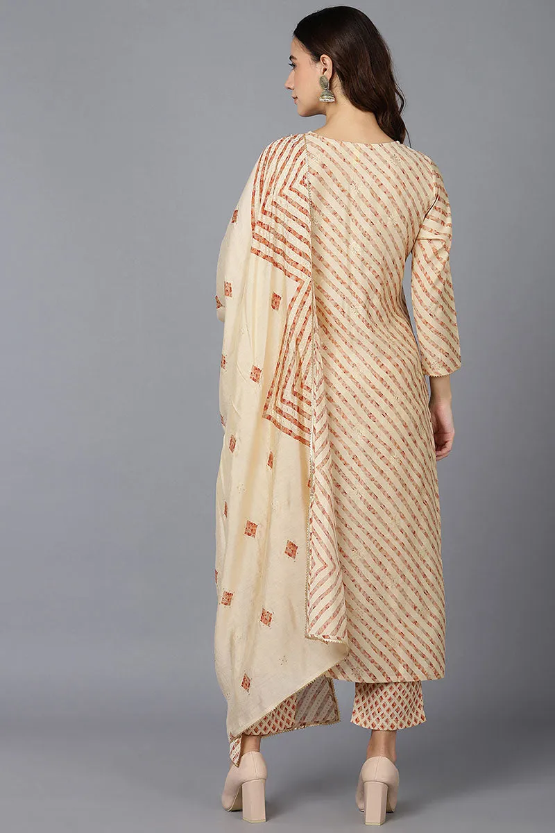 Cream Poly Silk Straight kurta Pant With Dupatta