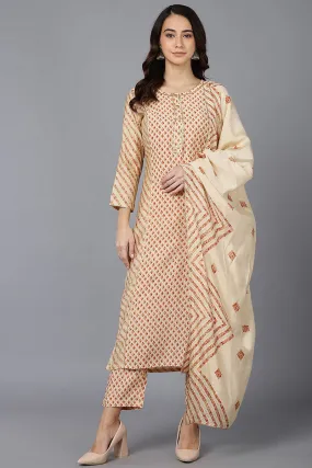 Cream Poly Silk Straight kurta Pant With Dupatta