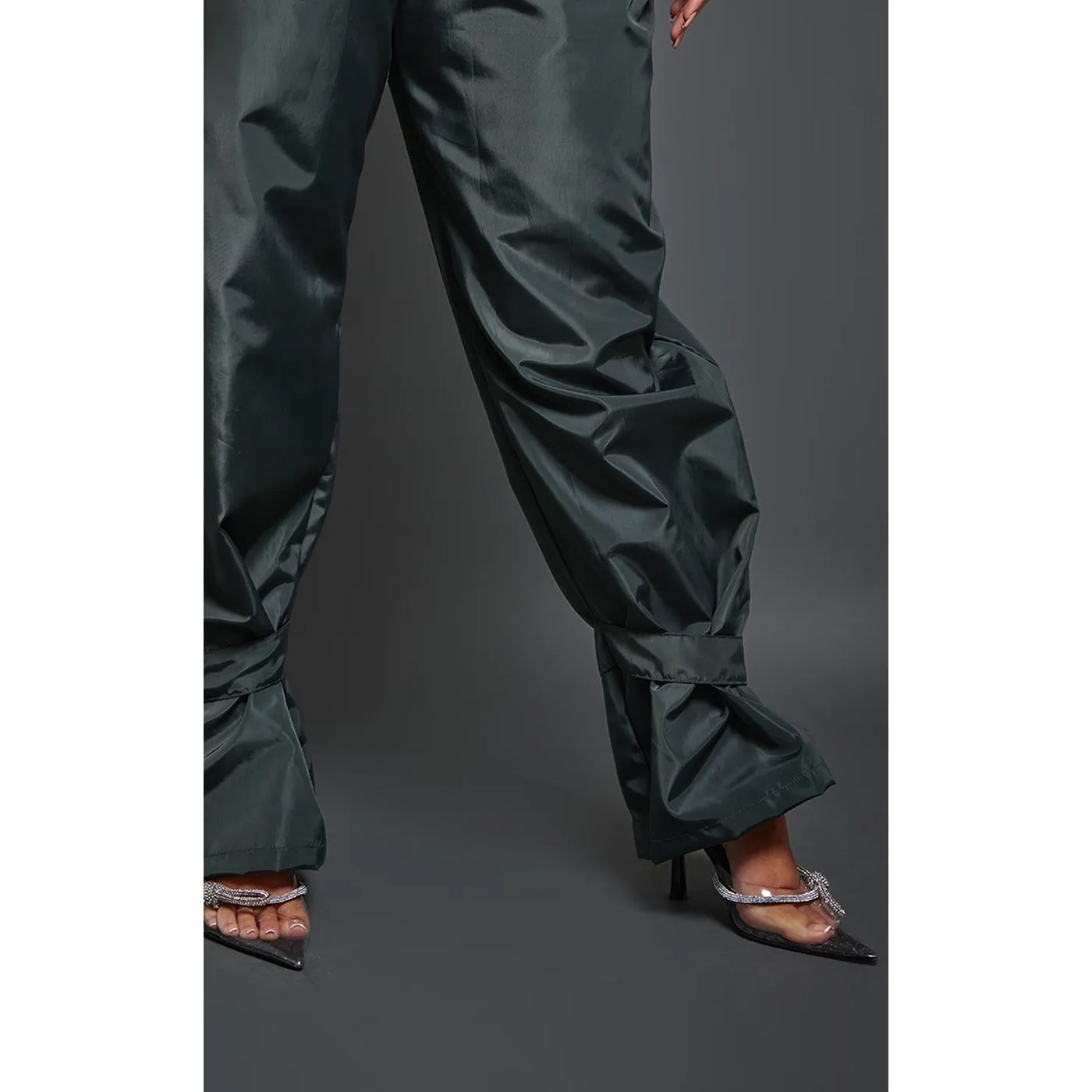 Dark Green Tie Cuff Nylon Trousers