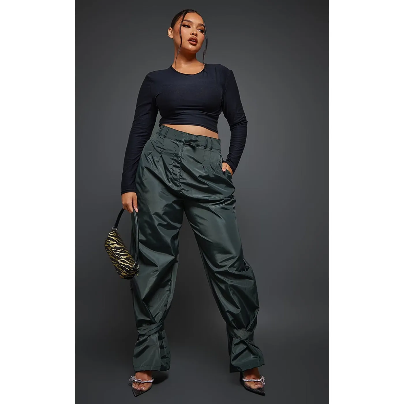Dark Green Tie Cuff Nylon Trousers