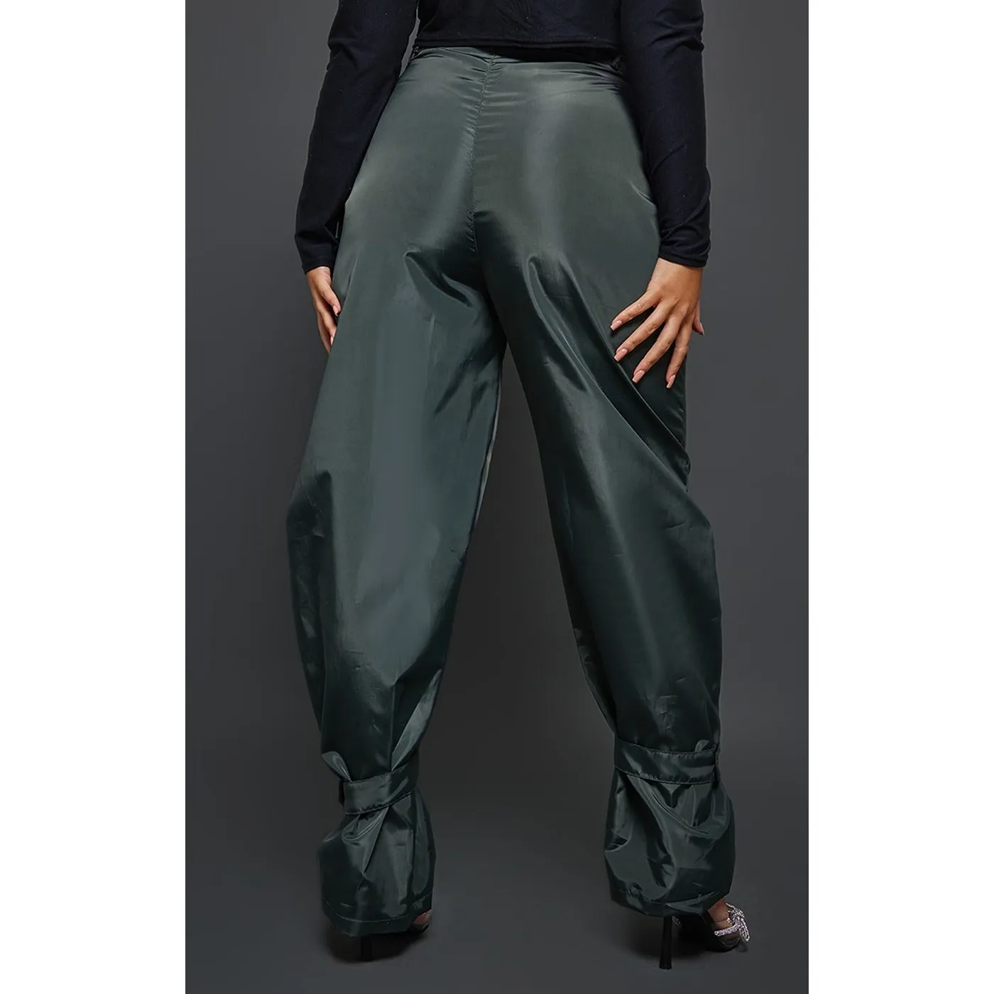 Dark Green Tie Cuff Nylon Trousers