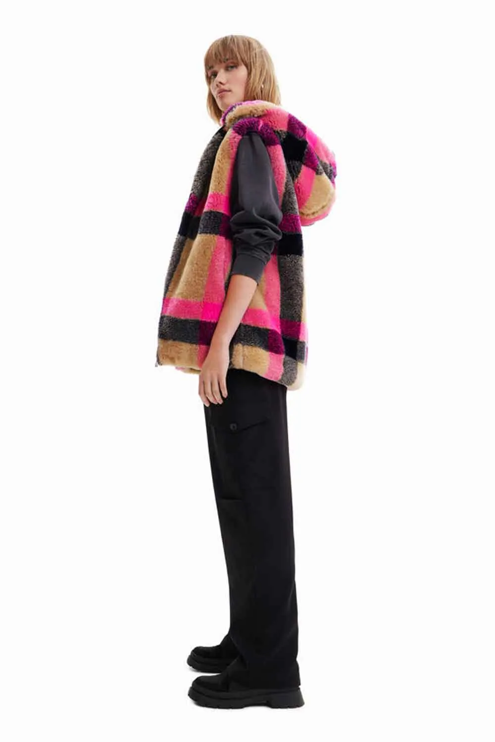 DESIGUAL PLAID FUR EFFECT GILET