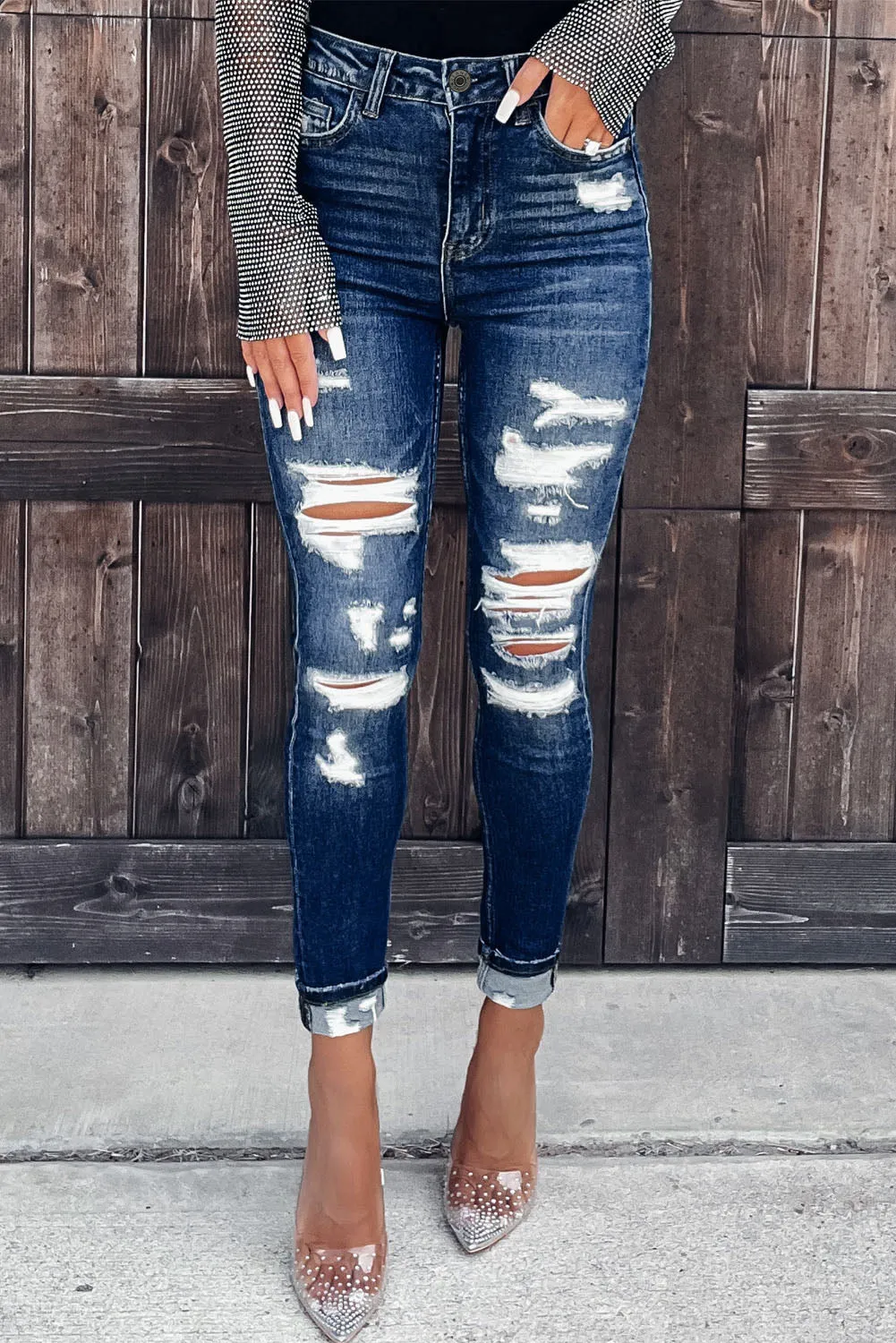 Distressed Skinny Jeans with Slits