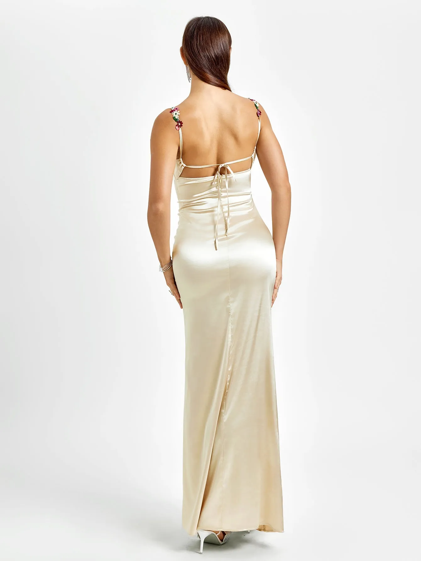 Embellished Strap Tie Back Satin Bodycon Dress