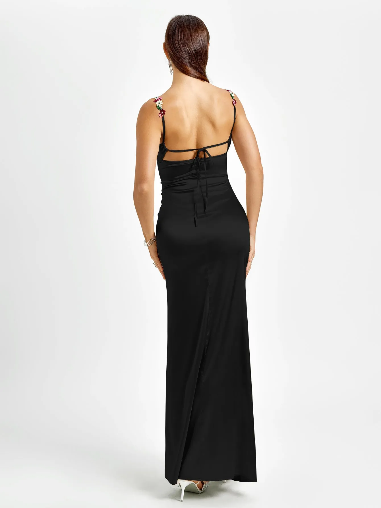 Embellished Strap Tie Back Satin Bodycon Dress