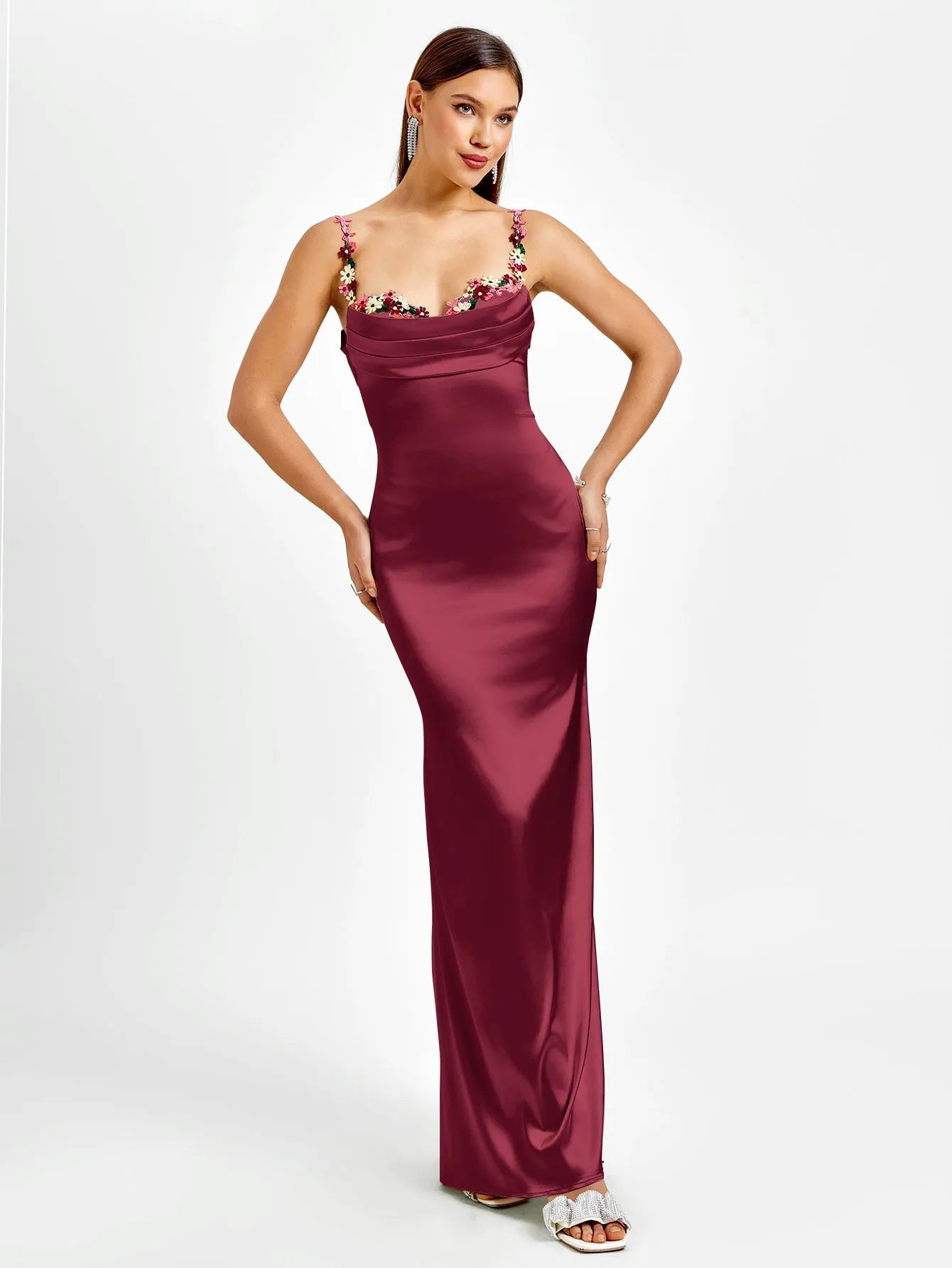 Embellished Strap Tie Back Satin Bodycon Dress