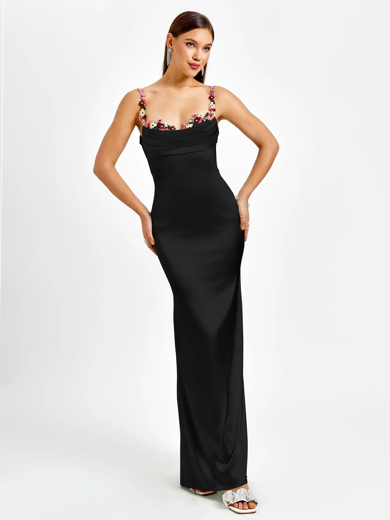 Embellished Strap Tie Back Satin Bodycon Dress