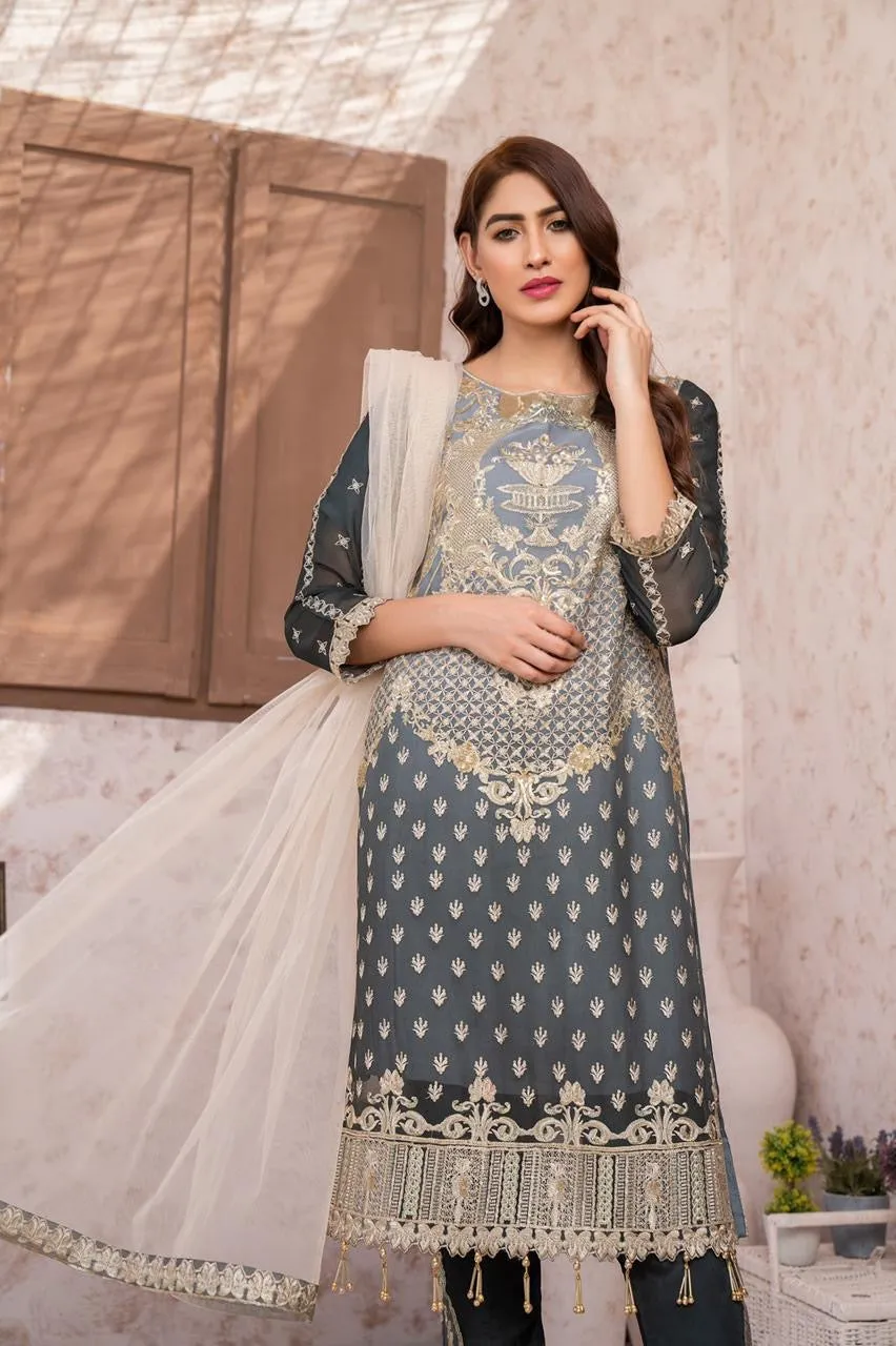 Embroidered Grey Chiffon Suit