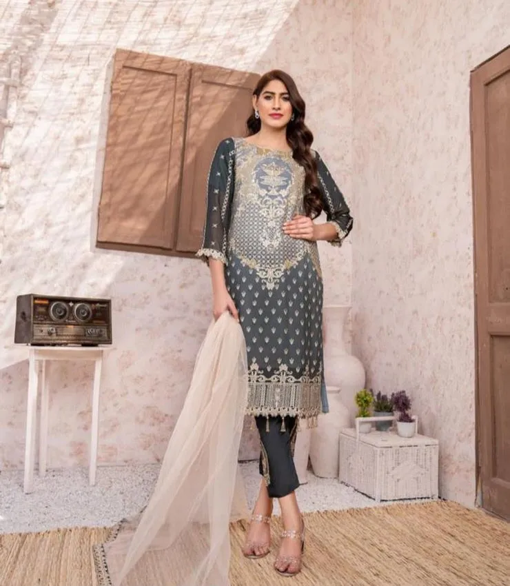 Embroidered Grey Chiffon Suit