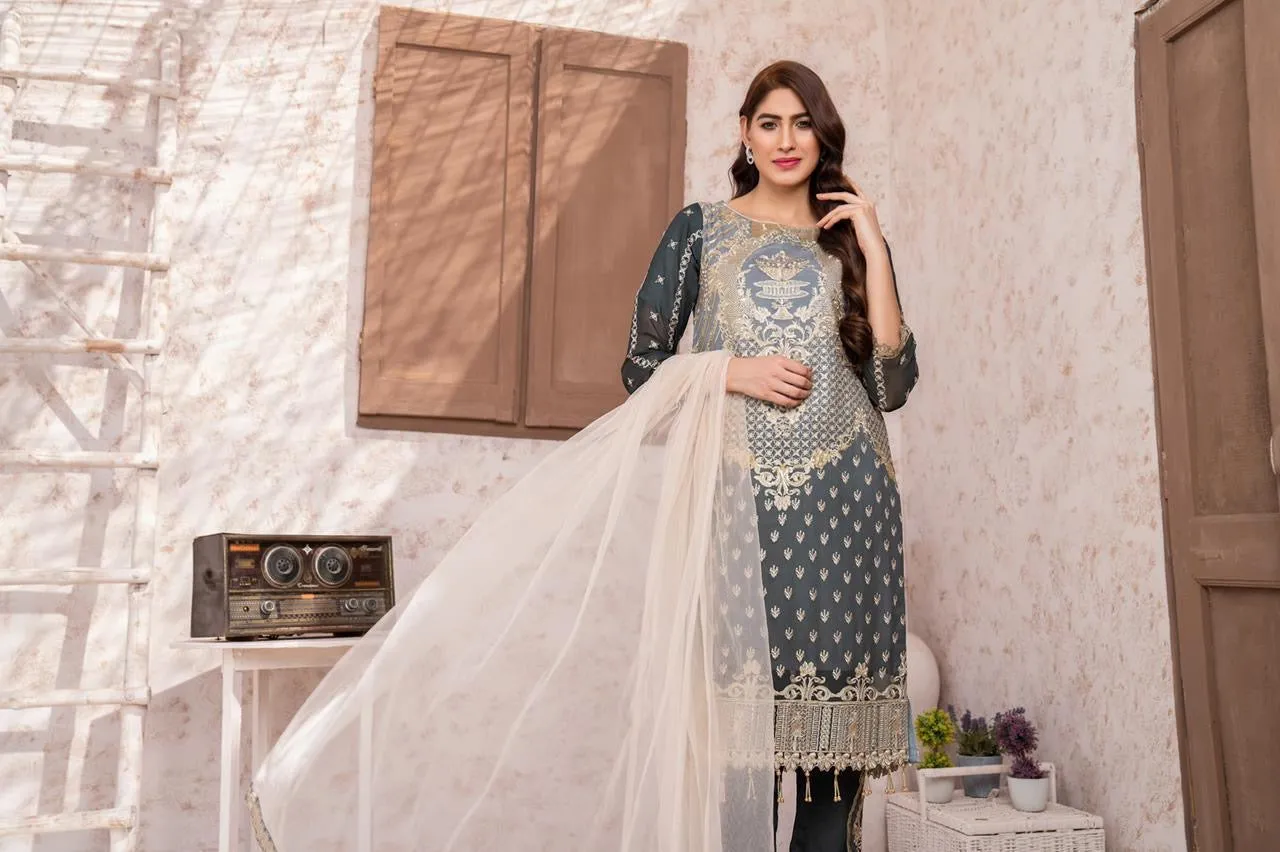 Embroidered Grey Chiffon Suit