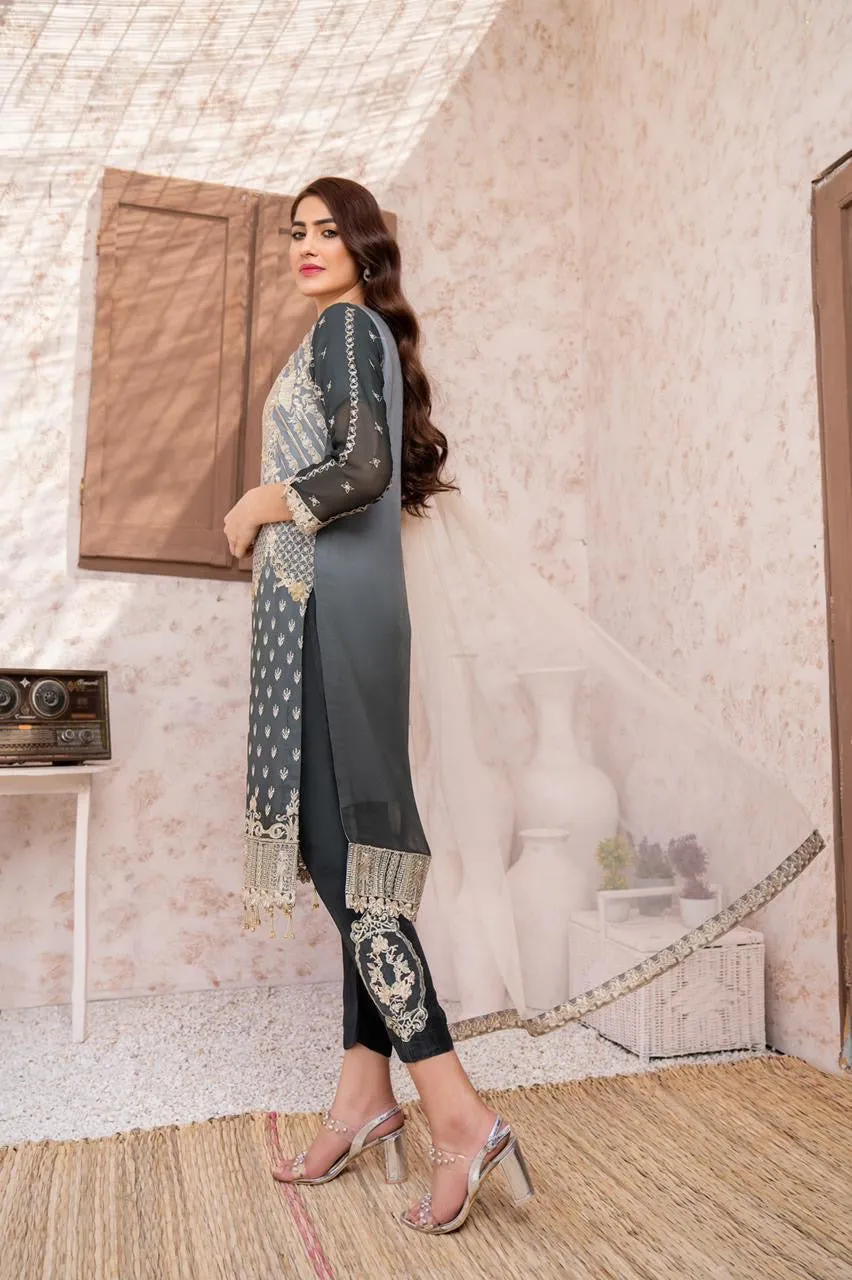 Embroidered Grey Chiffon Suit
