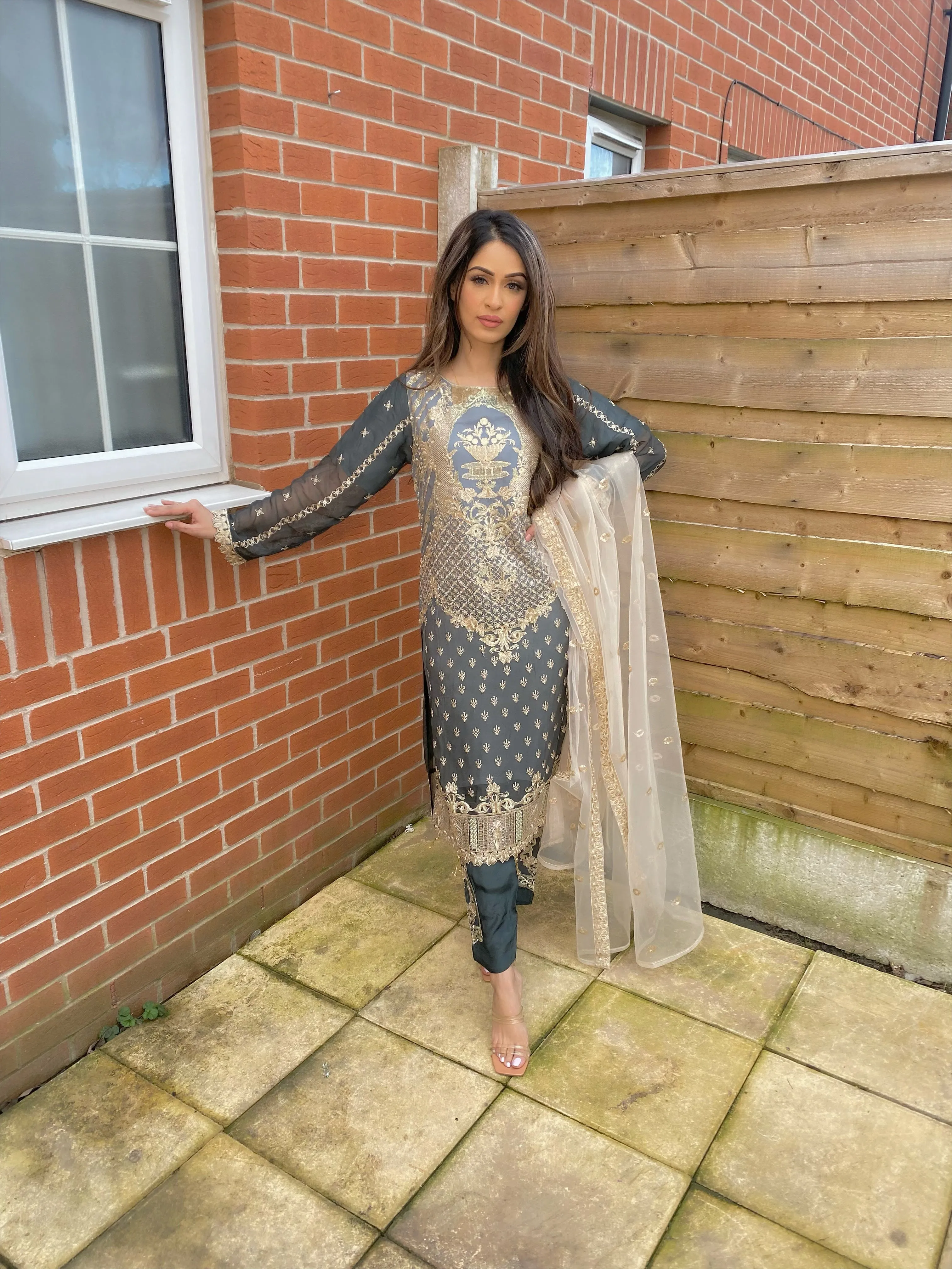 Embroidered Grey Chiffon Suit