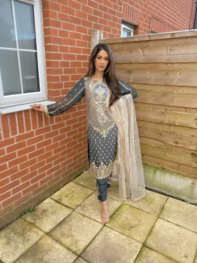 Embroidered Grey Chiffon Suit