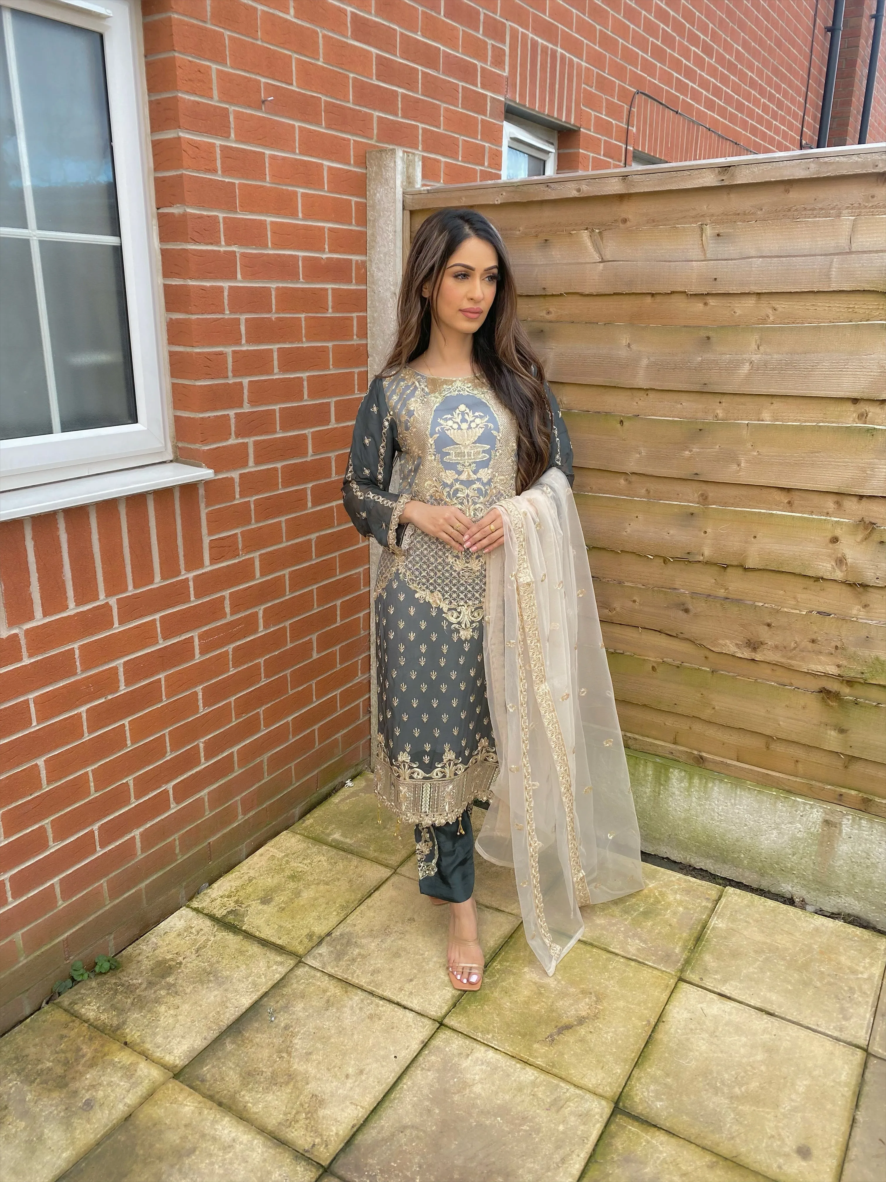 Embroidered Grey Chiffon Suit