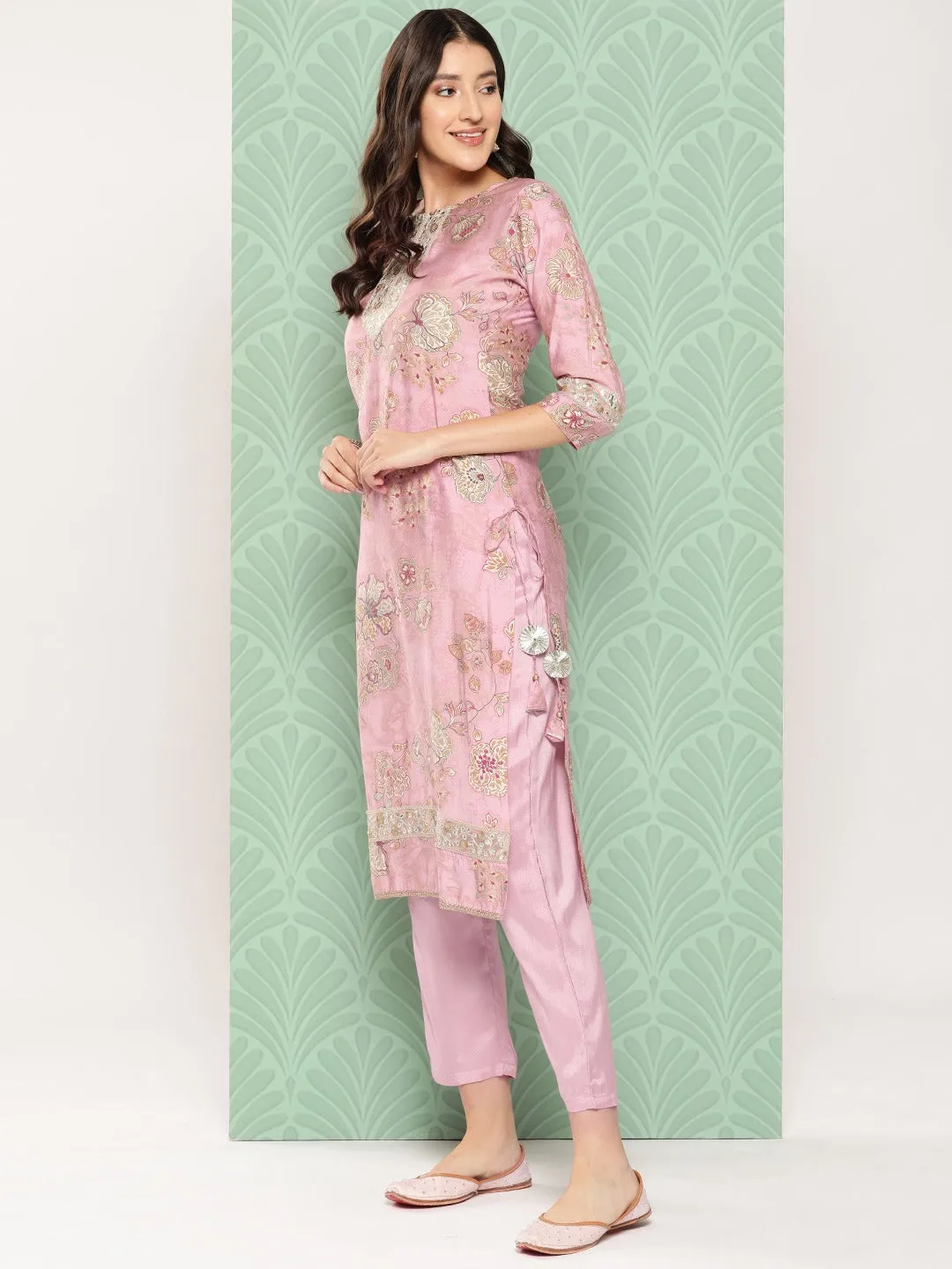 Floral Printed Regular Pure Silk Kurta With Trousers & With Dupatta