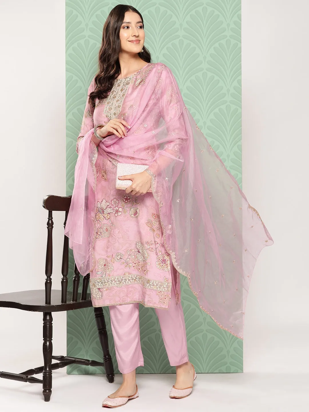 Floral Printed Regular Pure Silk Kurta With Trousers & With Dupatta