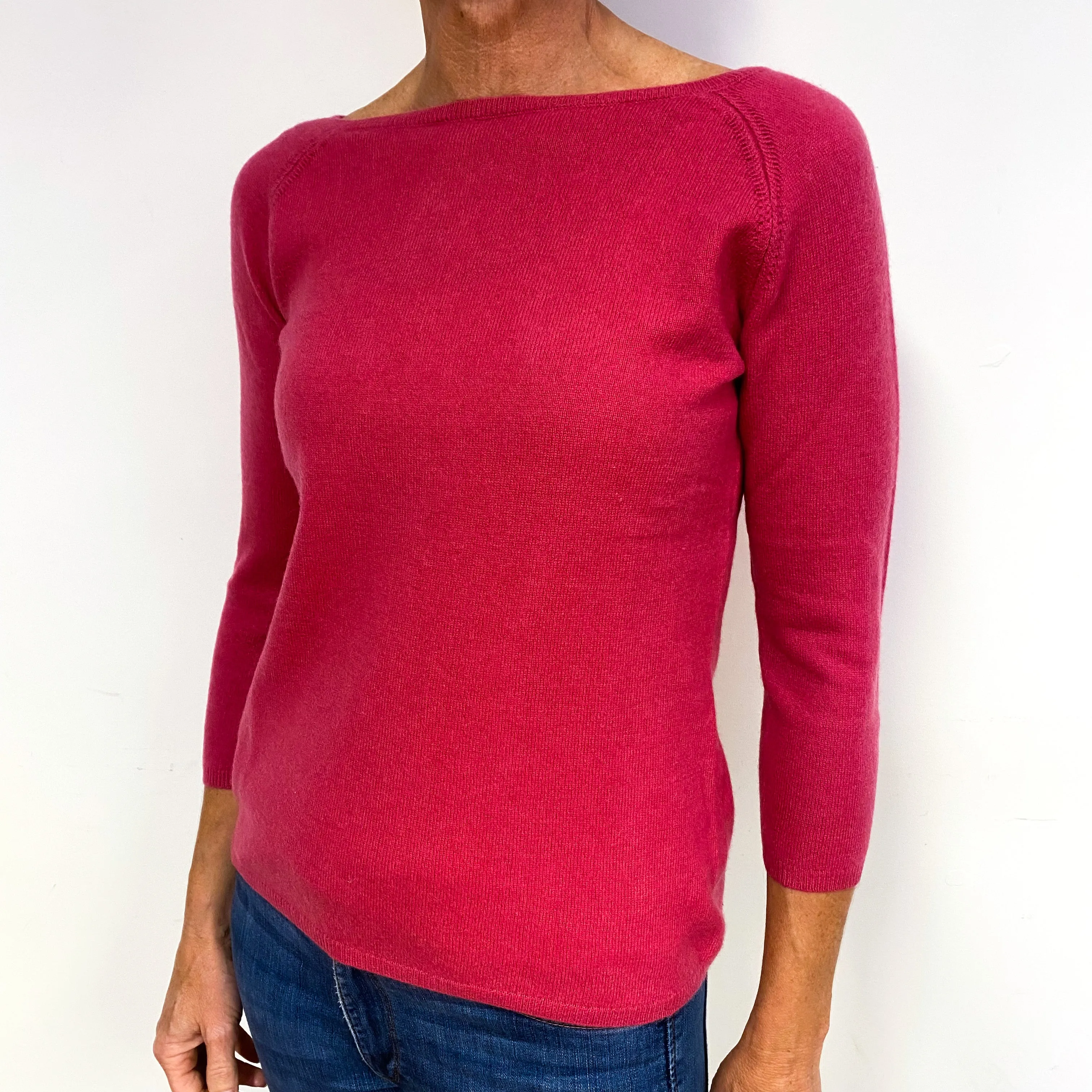 Fuchsia Pink 3/4 Sleeve Cashmere Crew Neck Jumper Medium