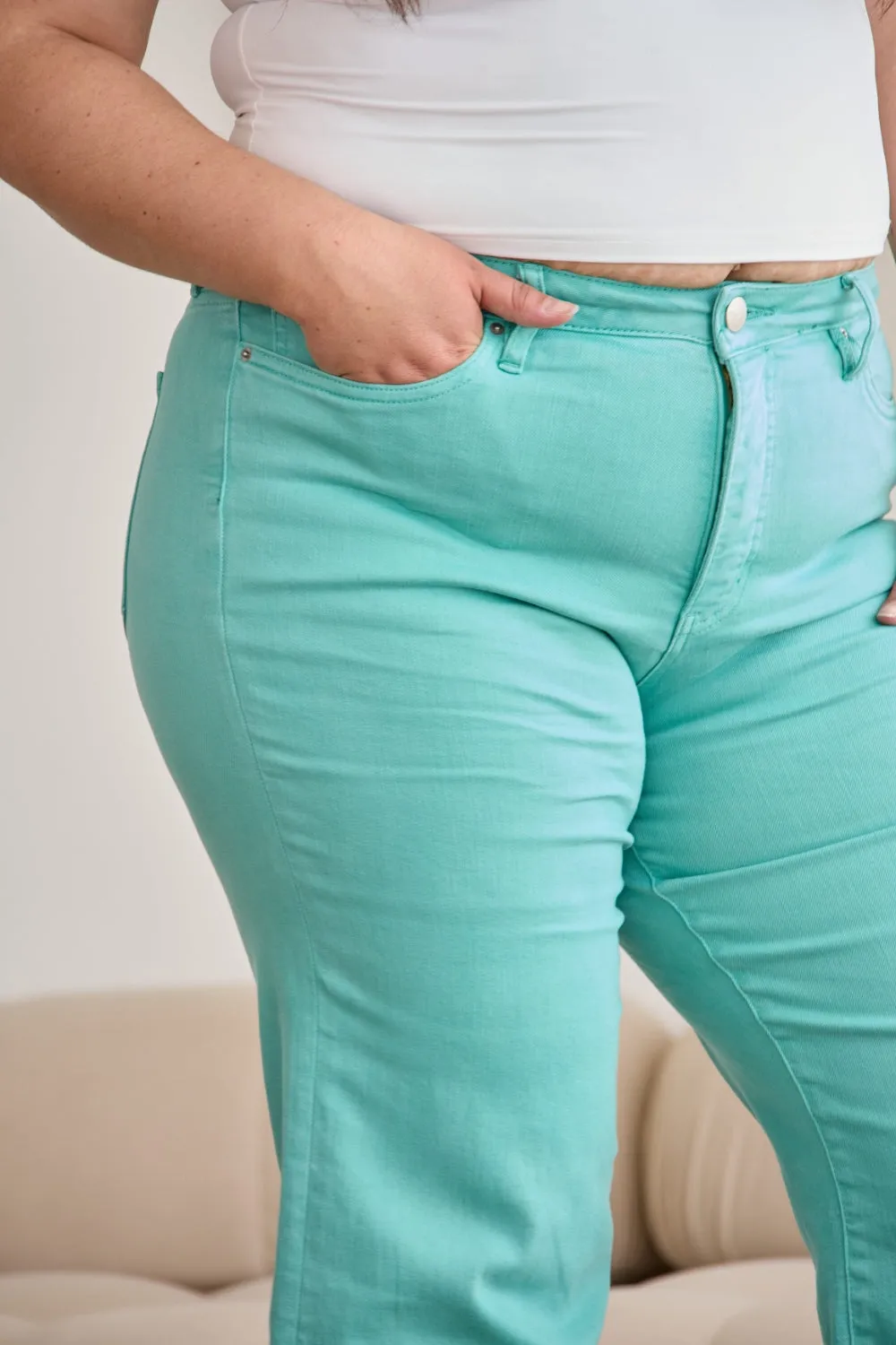 Full Size Tummy Control High Waist Raw Hem Jeans Island Green