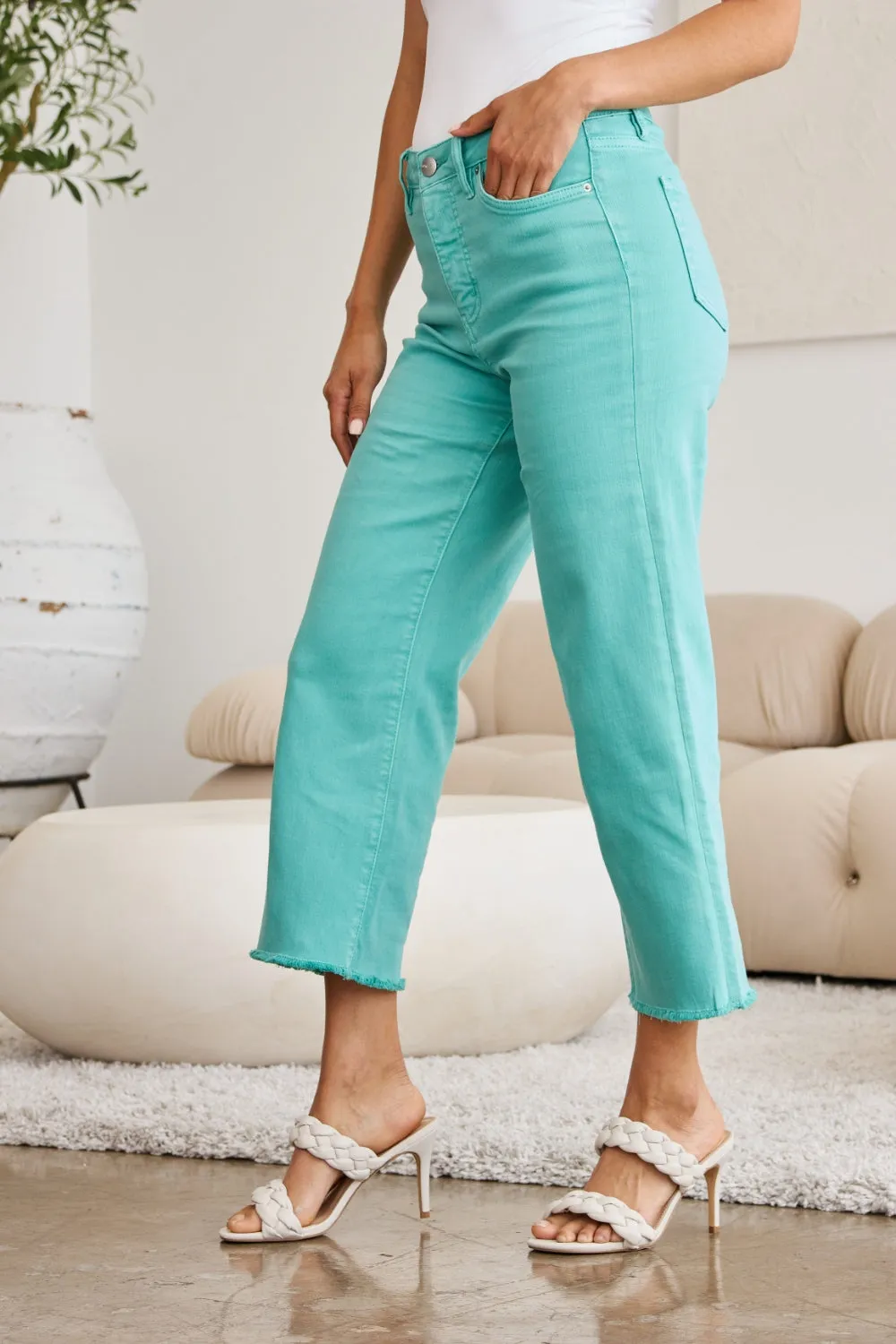 Full Size Tummy Control High Waist Raw Hem Jeans Island Green