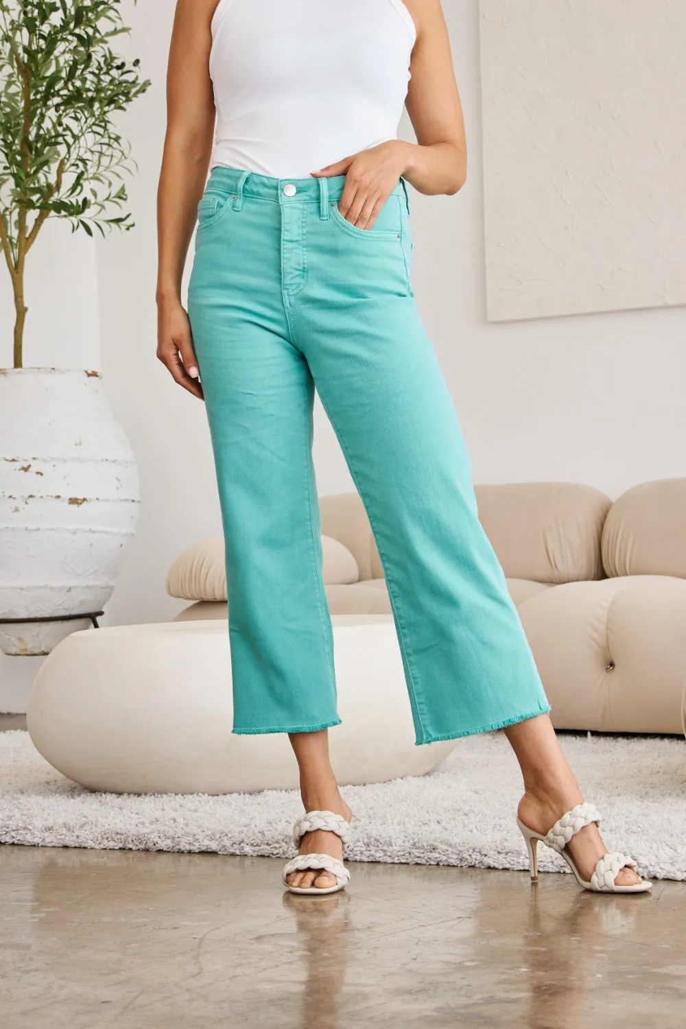 Full Size Tummy Control High Waist Raw Hem Jeans Island Green