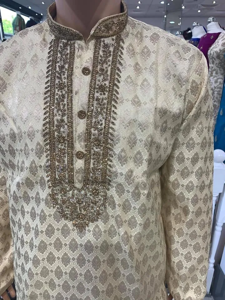 Gold Men's Brocade Kurta Pyjama