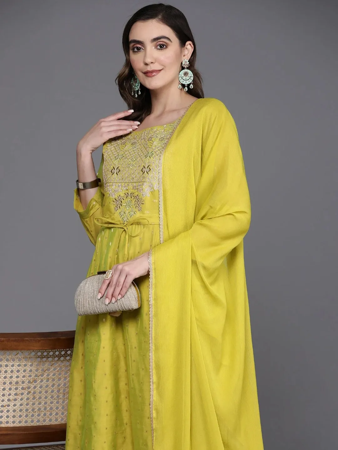 Green Embroidered Sequinned Chanderi Kurta Set