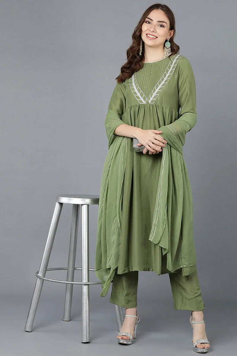 Green Poly Silk Flared Suit Set