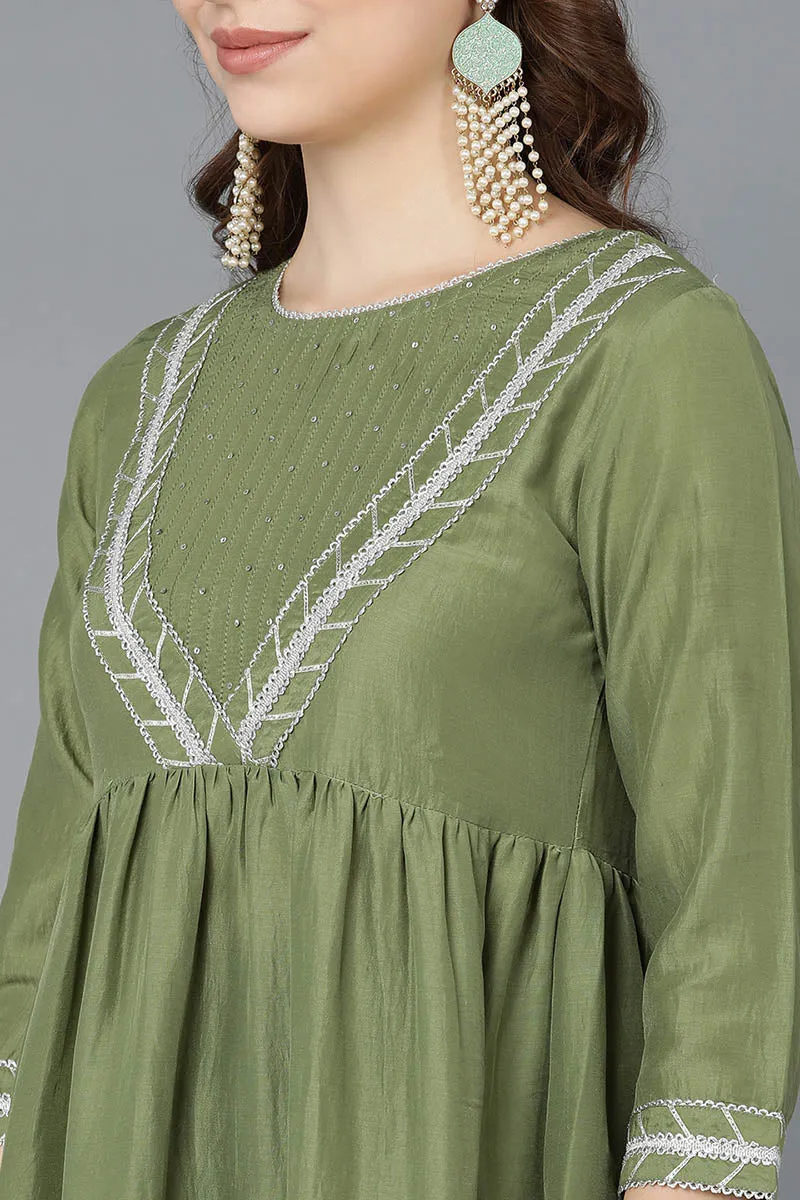 Green Poly Silk Flared Suit Set