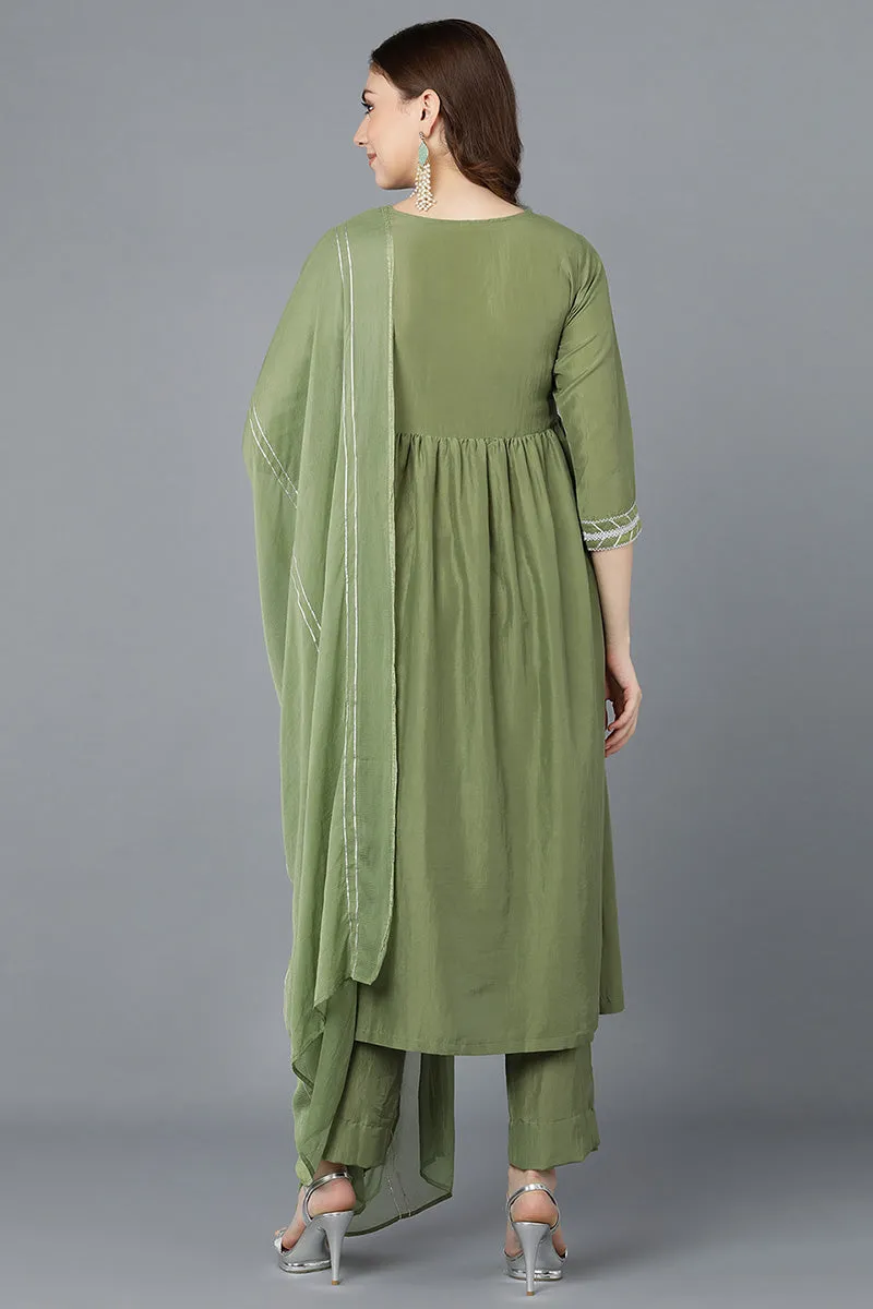 Green Poly Silk Flared Suit Set