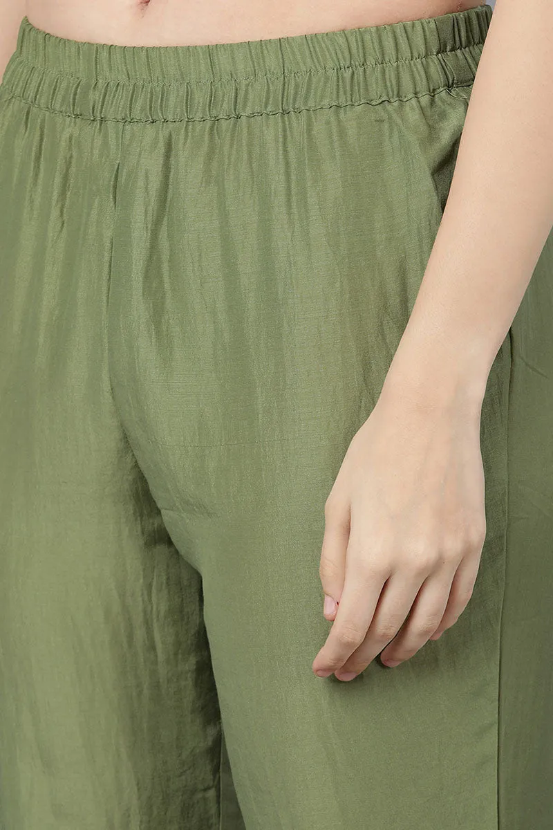 Green Poly Silk Flared Suit Set