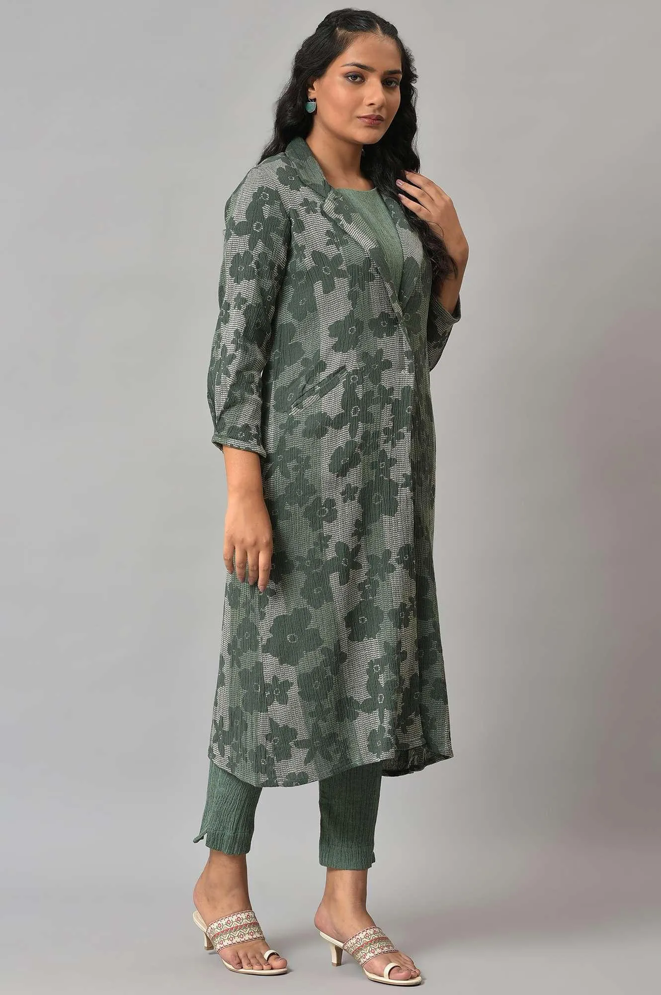 Green Printed Longline Jacket With kurta And Pants