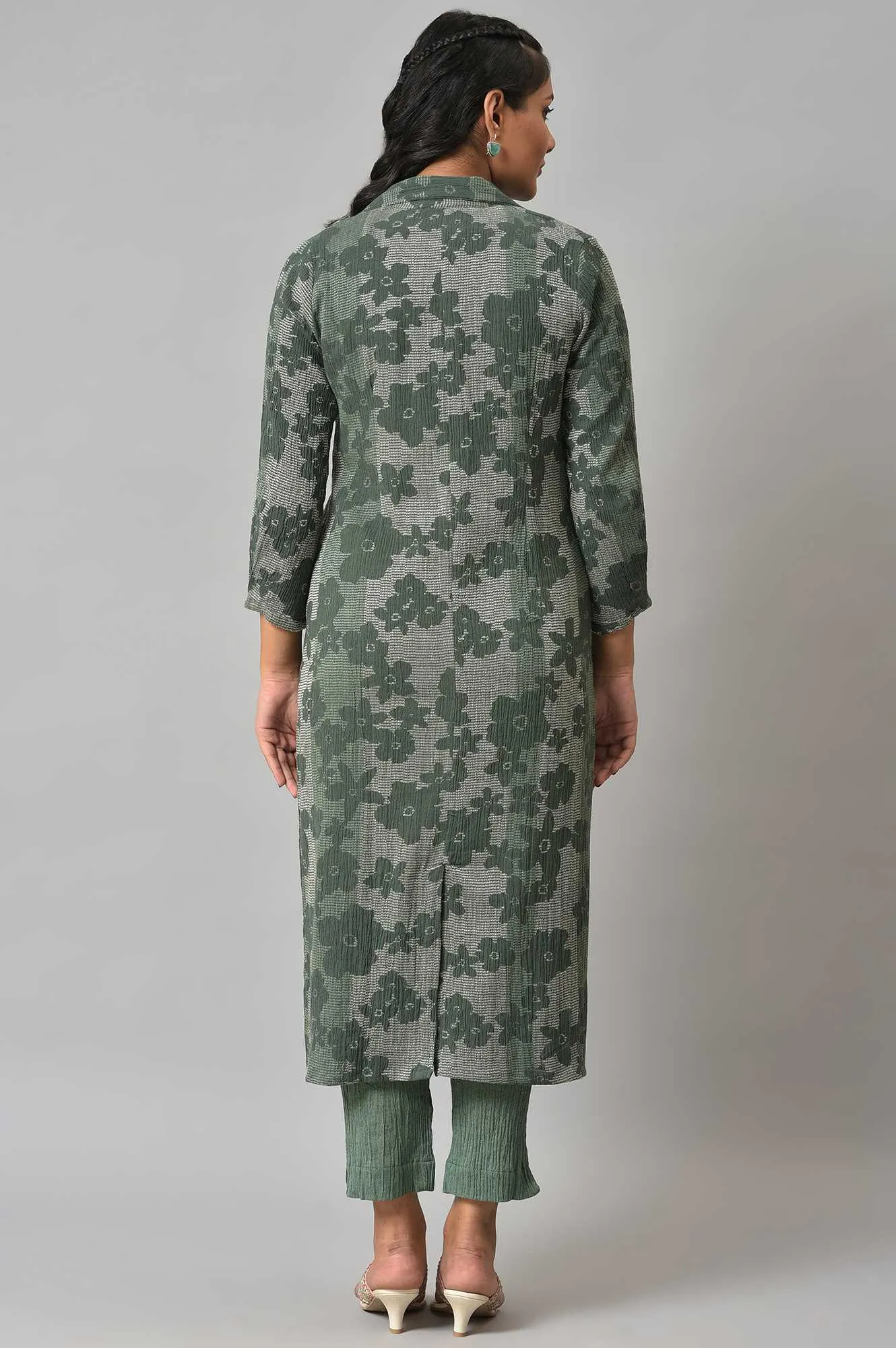 Green Printed Longline Jacket With kurta And Pants