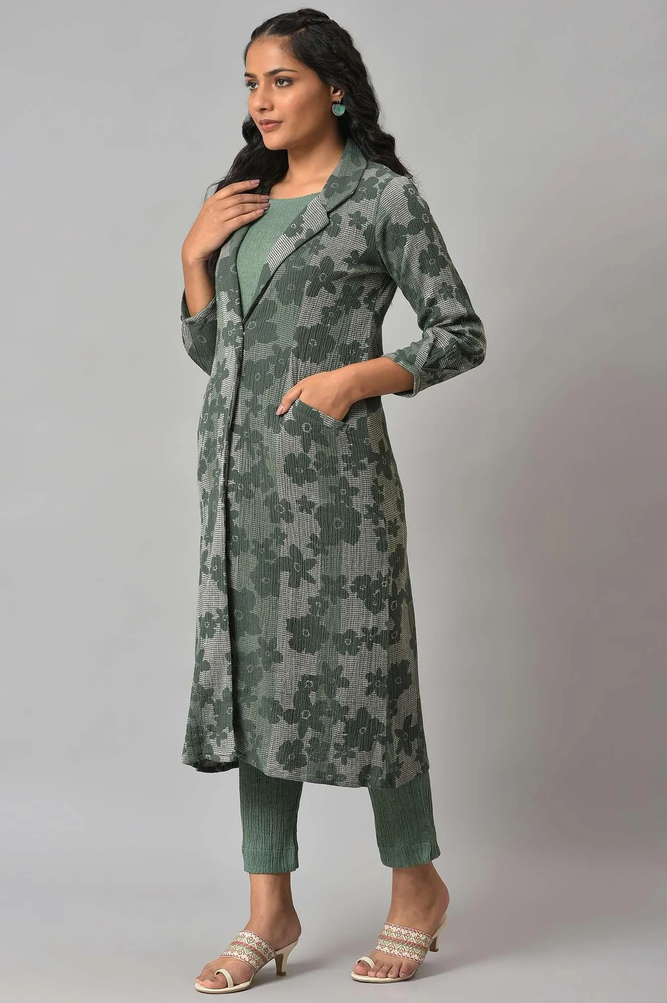 Green Printed Longline Jacket With kurta And Pants