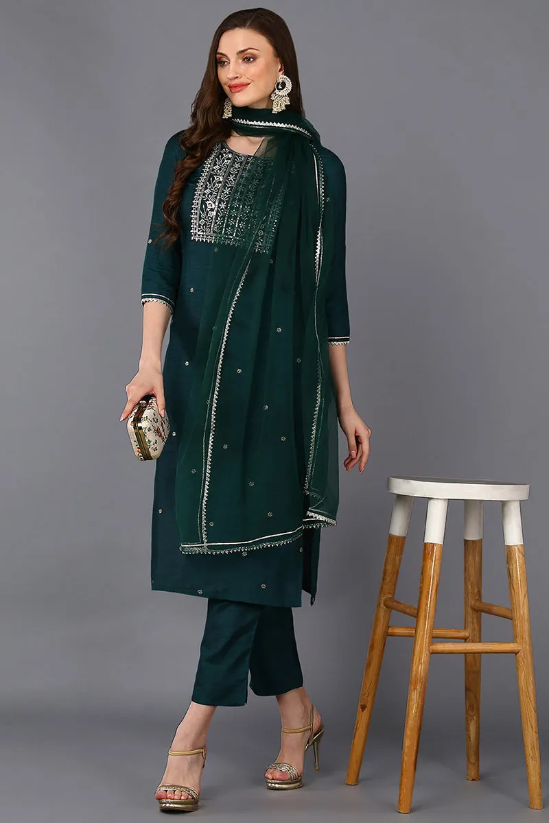 Green Silk Blend Rogan Work Straight Suit Set
