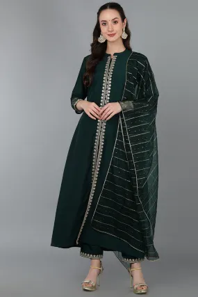 Green Silk Blend Solid A-Line Kurta Trousers With Dupatta