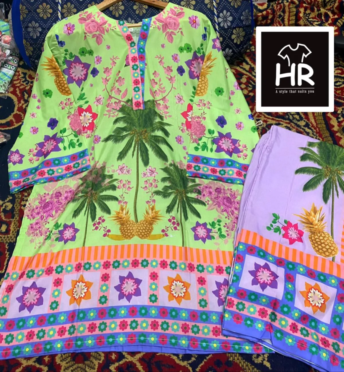 GREEN WITH PURPLE PALM PRINT SUMMER SUIT