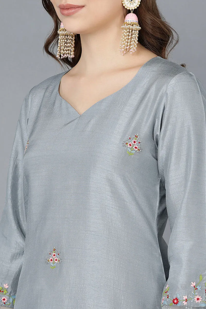 Grey Poly Silk Straight Kurta Pant With Dupatta