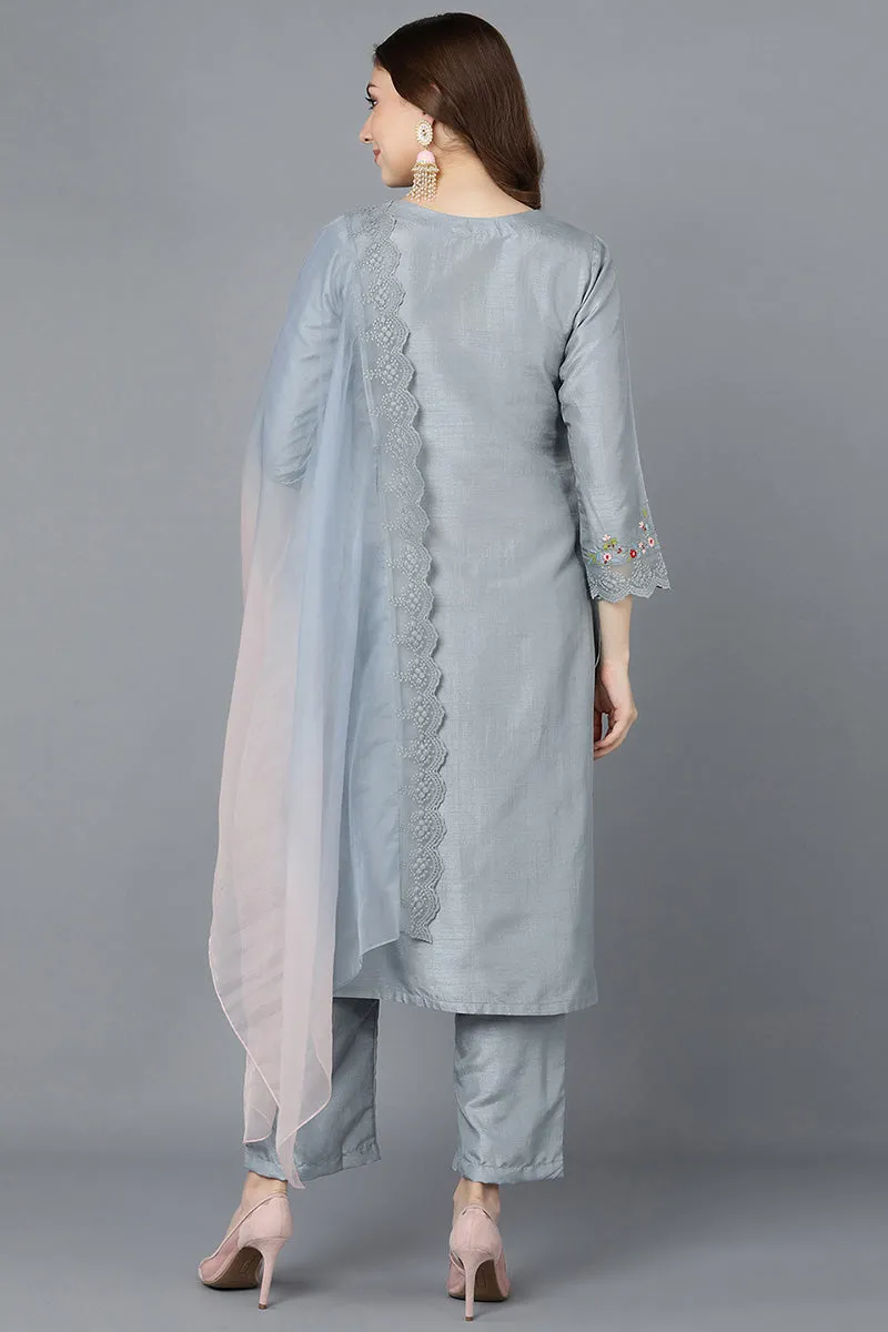 Grey Poly Silk Straight Kurta Pant With Dupatta
