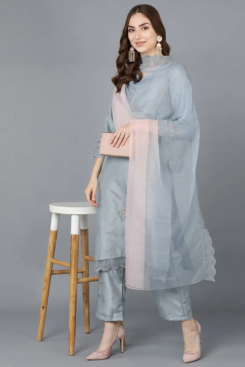 Grey Poly Silk Straight Kurta Pant With Dupatta