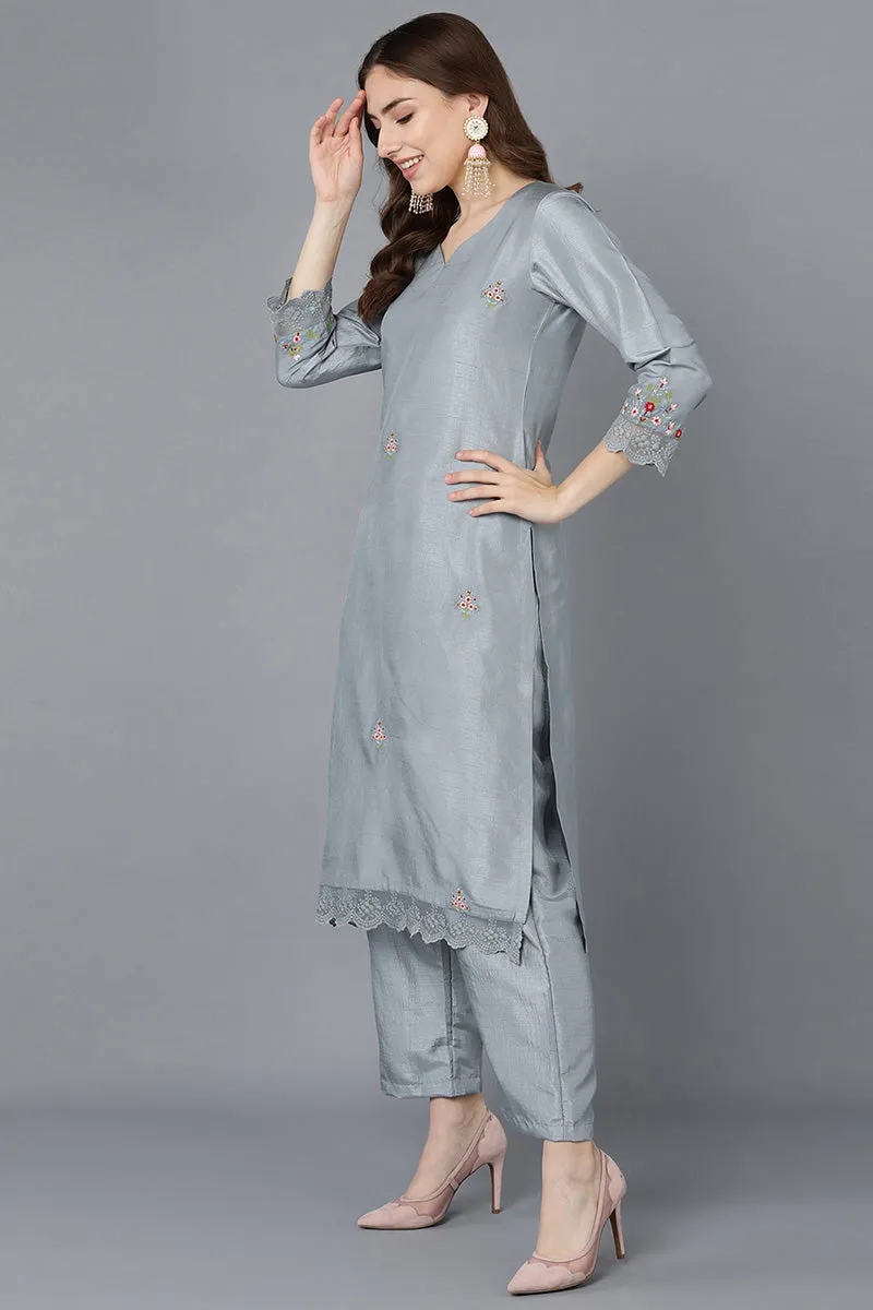 Grey Poly Silk Straight Kurta Pant With Dupatta