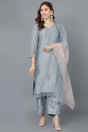 Grey Poly Silk Straight Kurta Pant With Dupatta