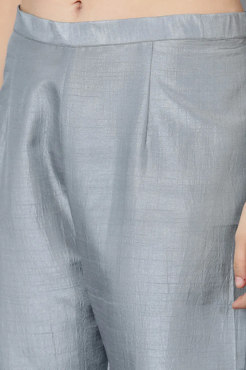 Grey Poly Silk Straight Kurta Pant With Dupatta