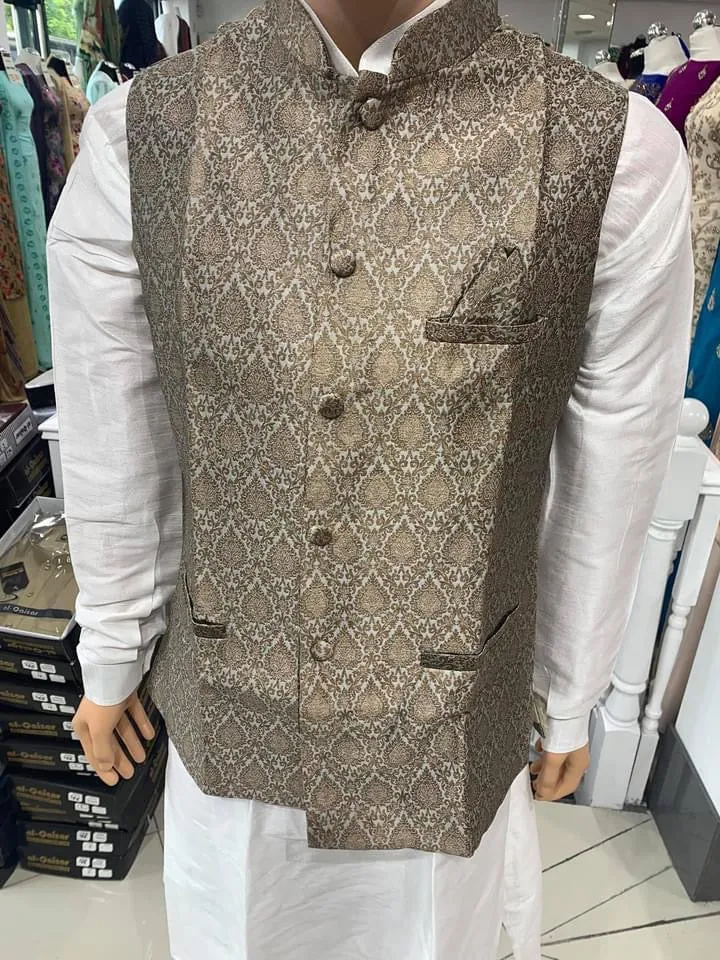 Grey With Gold Men's Brocade Waistcoat