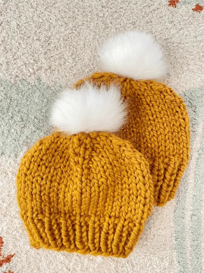 Hand knit baby beanie | Baby Chunky Double Pom Pom Beanie in Mustard | Newborn Baby Toddler hat | Fur Pom Pom Hat | Knit winter hat