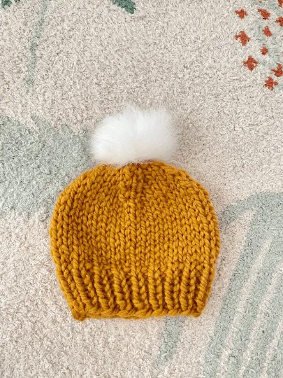 Hand knit baby beanie | Baby Chunky Double Pom Pom Beanie in Mustard | Newborn Baby Toddler hat | Fur Pom Pom Hat | Knit winter hat