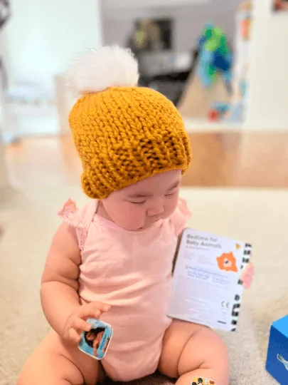 Hand knit baby beanie | Baby Chunky Double Pom Pom Beanie in Mustard | Newborn Baby Toddler hat | Fur Pom Pom Hat | Knit winter hat