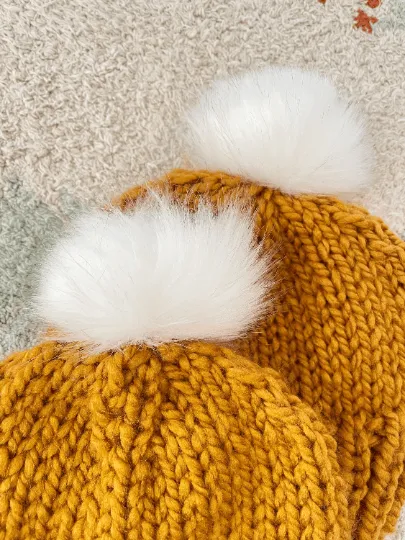 Hand knit baby beanie | Baby Chunky Double Pom Pom Beanie in Mustard | Newborn Baby Toddler hat | Fur Pom Pom Hat | Knit winter hat