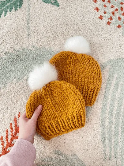 Hand knit baby beanie | Baby Chunky Double Pom Pom Beanie in Mustard | Newborn Baby Toddler hat | Fur Pom Pom Hat | Knit winter hat